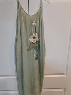 Light Sage Slip Dress with White Floral Embroidery